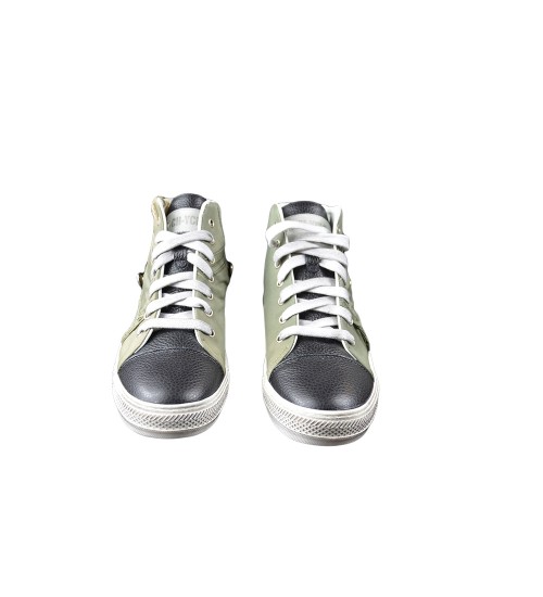 Handmade sneakers black leather and light green color 